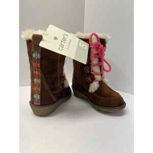 Carter's Lindsay Brown Girls 5T Tall Brown Boots Flowers‎ Faux Fur Pink Lace Zip